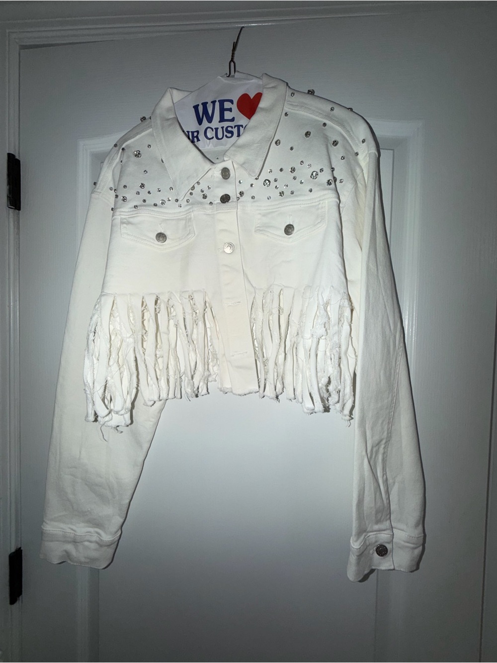 AKIRA White Studded Fringe Cropped Denim Jacket